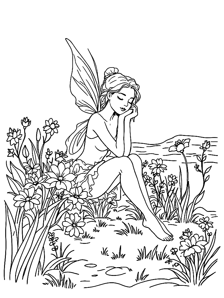 A fairy in a flower garden, in a peaceful resting pose, on a sandy beach with gentle waves coloring page Contour style free printable