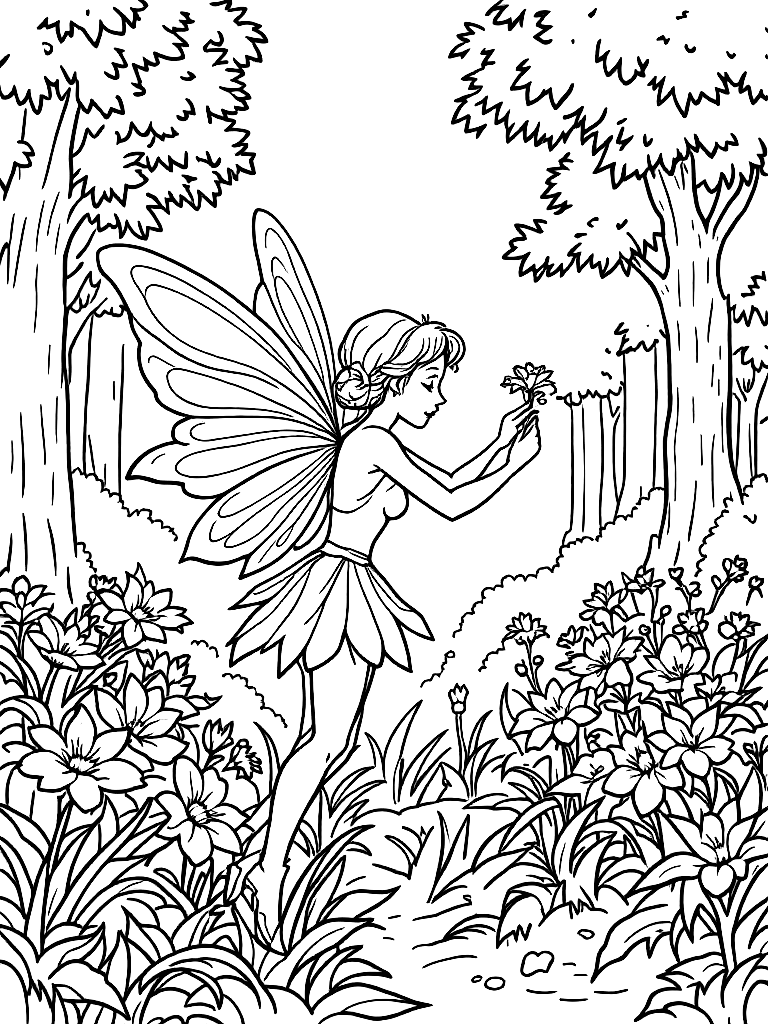 A fairy in a flower garden, in an action pose with dynamic movement, in a forest clearing surrounded by tall trees coloring page Contour style free printable