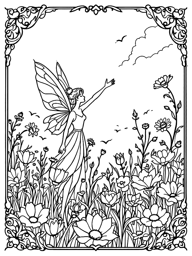 A fairy in a flower garden, surrounded by a decorative border frame, in a sunlit meadow with wildflowers coloring page Contour style free printable