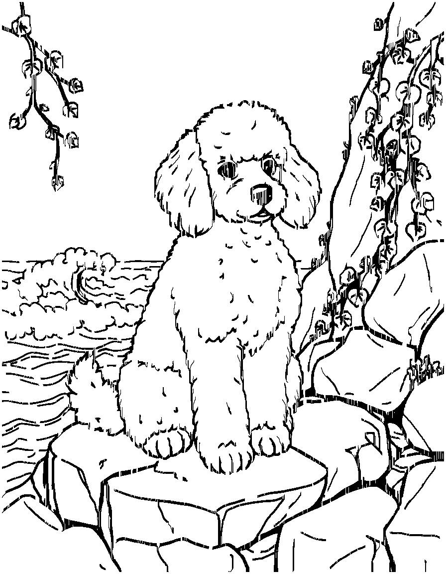 Free a fluffy poodle sitting gracefully in a rocky shoreline with crashing waves, with vines and ivy climbing the edges coloring page in contour style — printable line art