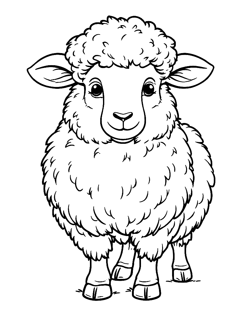 A fluffy sheep standing facing forward coloring page Contour style free printable