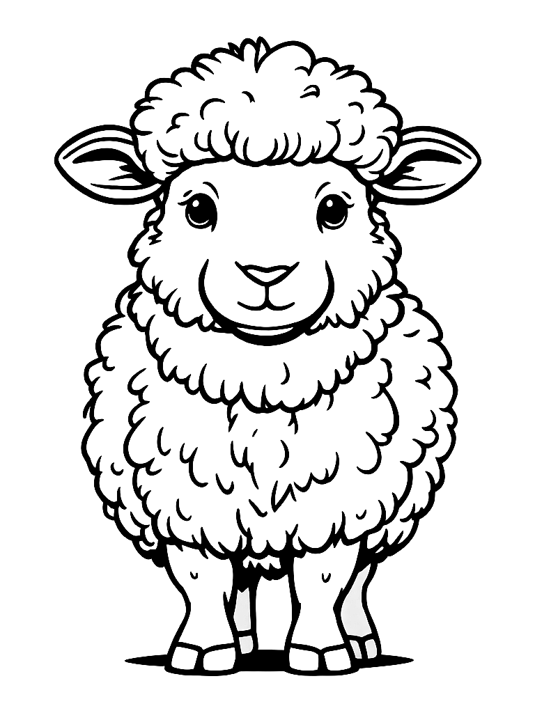 A fluffy sheep standing facing forward. coloring page Minimal style free printable