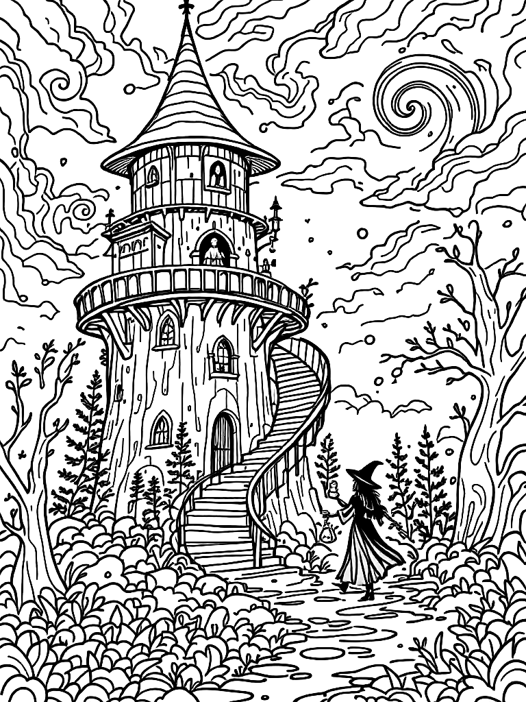 A forest witch brewing potions walking through a wizard's tower with spiraling stairs, with swirling clouds in a dreamy sky coloring page Contour style free printable