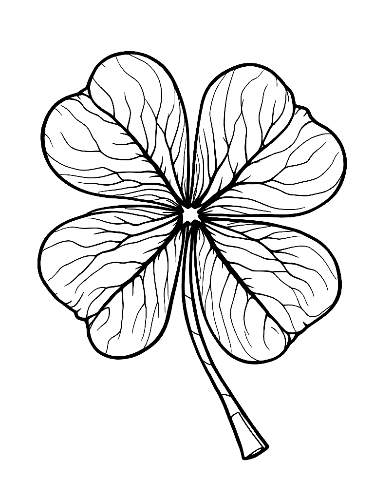 A four leaf clover with detailed veins coloring page Contour style free printable