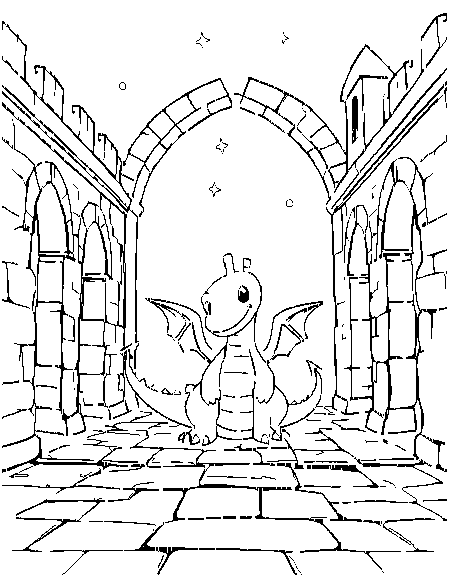 A friendly baby dragon emerging from the mist of a medieval castle courtyard with stone arches, with tiny stars and sparkles floating around coloring page Contour style - free printable