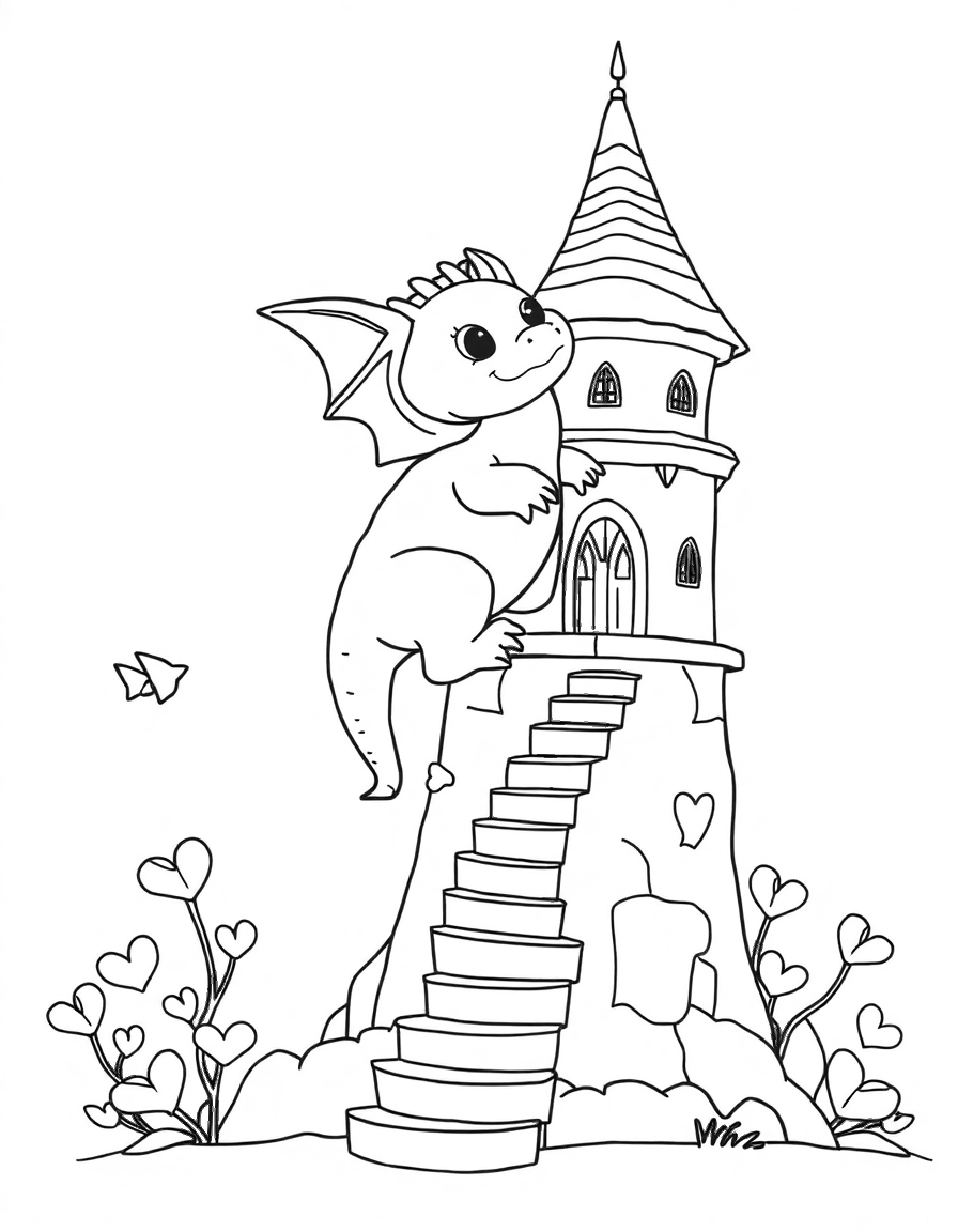 Free a friendly baby dragon hovering over a wizard's tower with spiraling stairs, with heart-shaped leaves on nearby plants coloring page in contour style — printable line art
