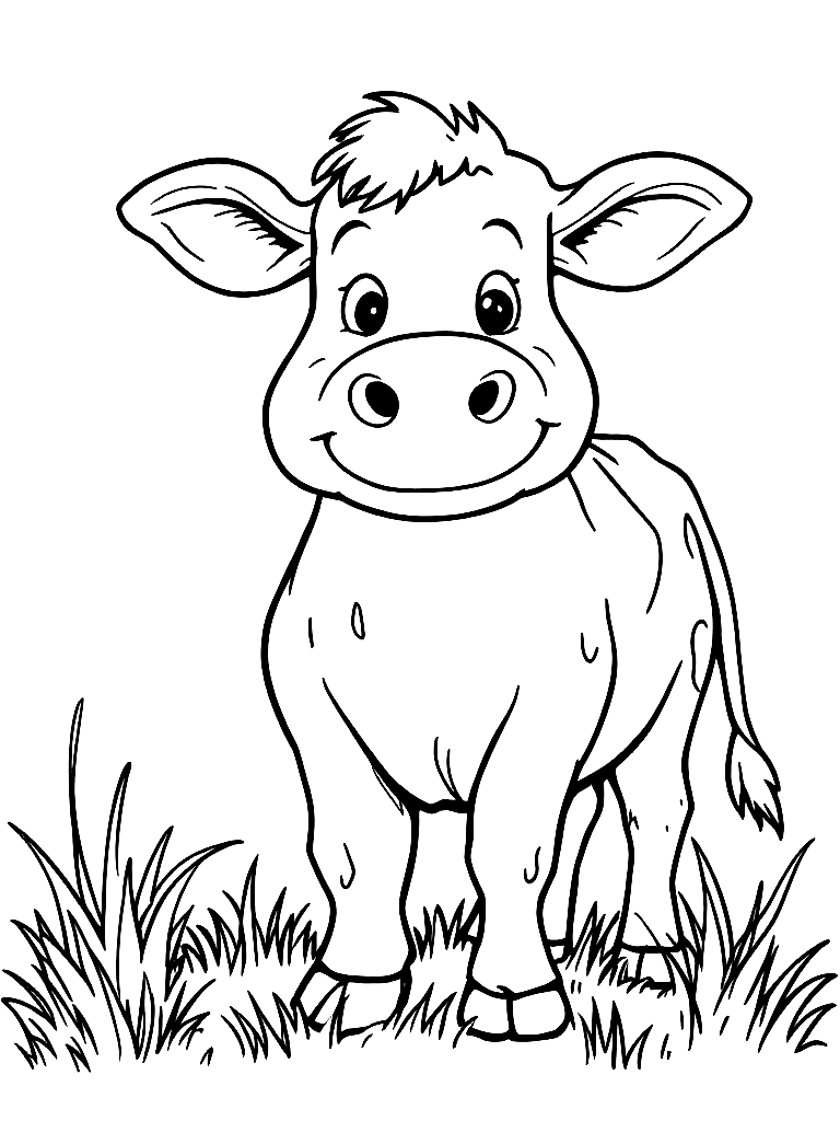 A friendly cow standing in a grassy field, facing forward coloring page Contour style free printable