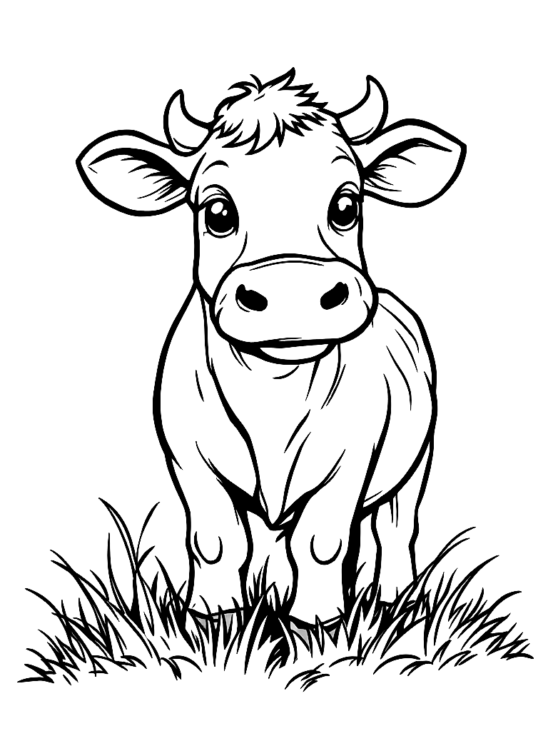 A friendly cow standing in a grassy field, facing forward coloring page Minimal style free printable