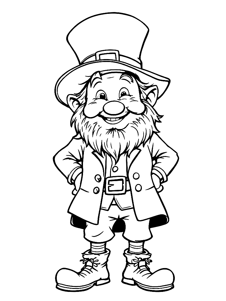 A friendly leprechaun standing and smiling coloring page Contour style free printable