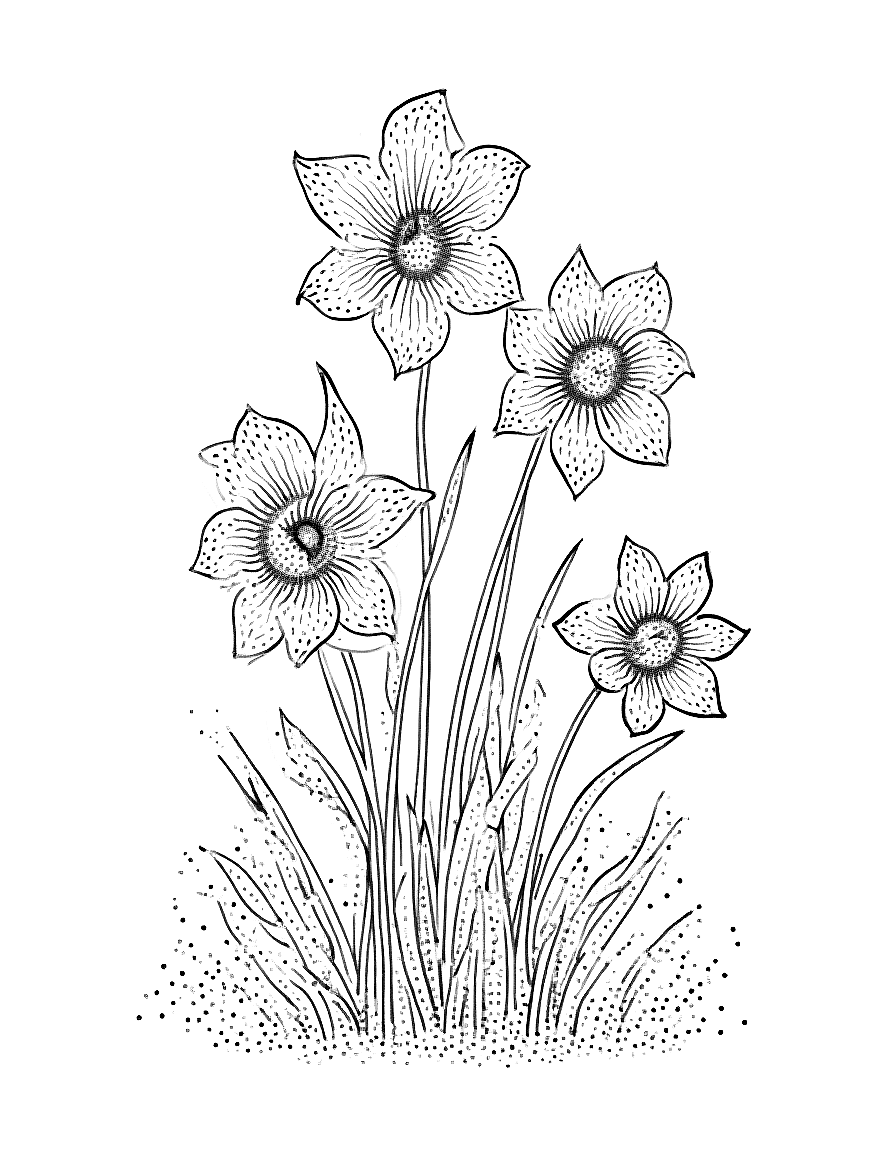 A garden of roses and daffodils. coloring page Stipple style free printable