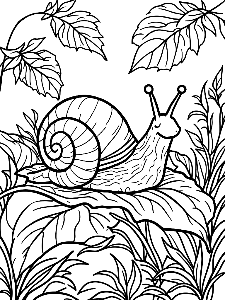 A garden snail sitting on a leaf. coloring page Minimal style free printable