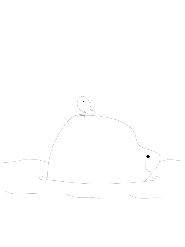 A giant whale on the water with a bird sitting on his head. coloring page Contour style - free printable