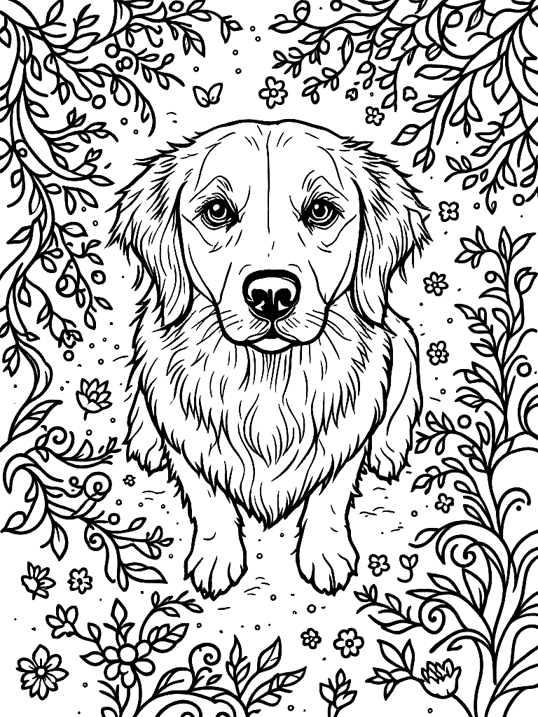 A golden retriever., from a bird's eye view looking down, in a whimsical scene with decorative swirls coloring page Contour style free printable