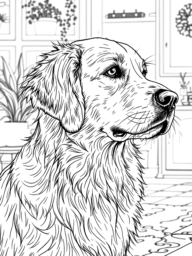 A golden retriever., from the side in full profile view, in a cozy indoor setting with warm details coloring page Contour style free printable