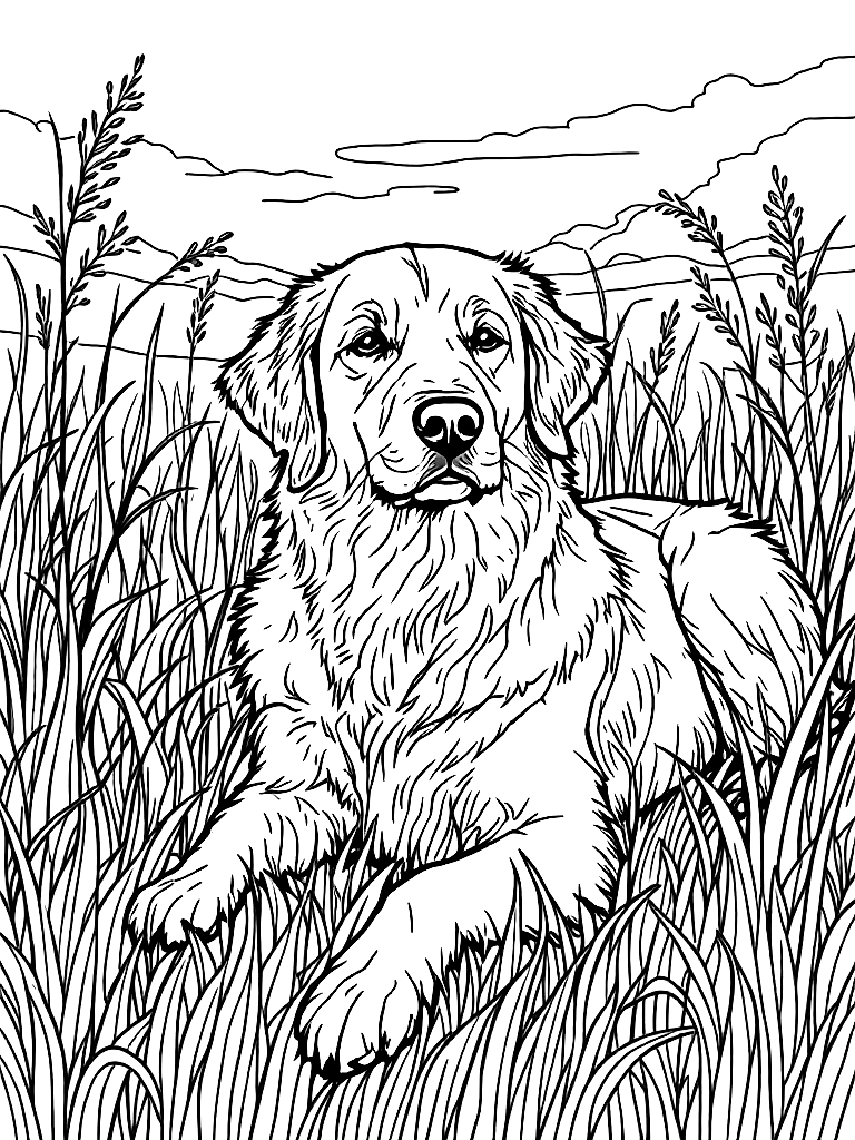 A golden retriever., in a peaceful resting pose, in a field of tall grass at golden hour coloring page Contour style free printable