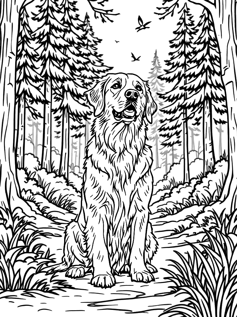 A golden retriever., in an action pose with dynamic movement, in a forest clearing surrounded by tall trees coloring page Contour style free printable