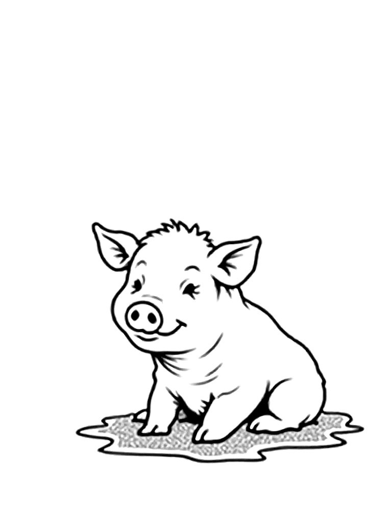 A happy pig sitting in mud. coloring page Minimal style free printable