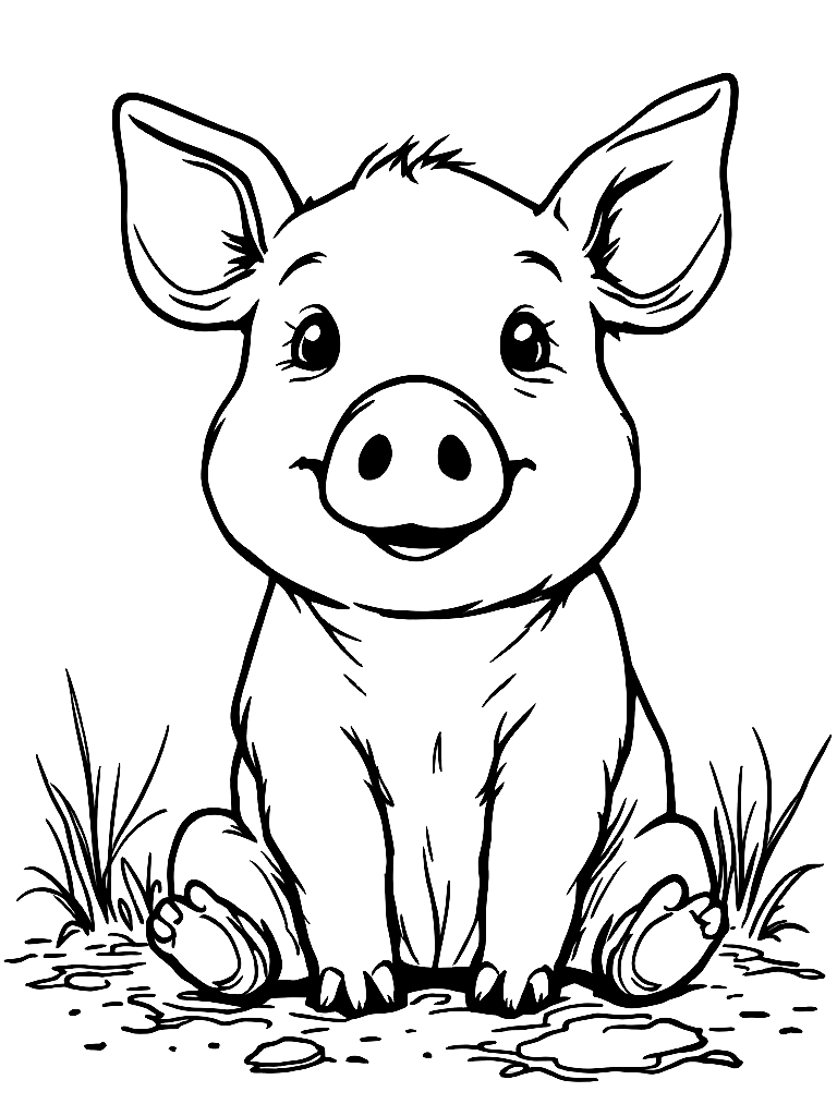 A happy pig sitting in mud. coloring page Minimal style free printable