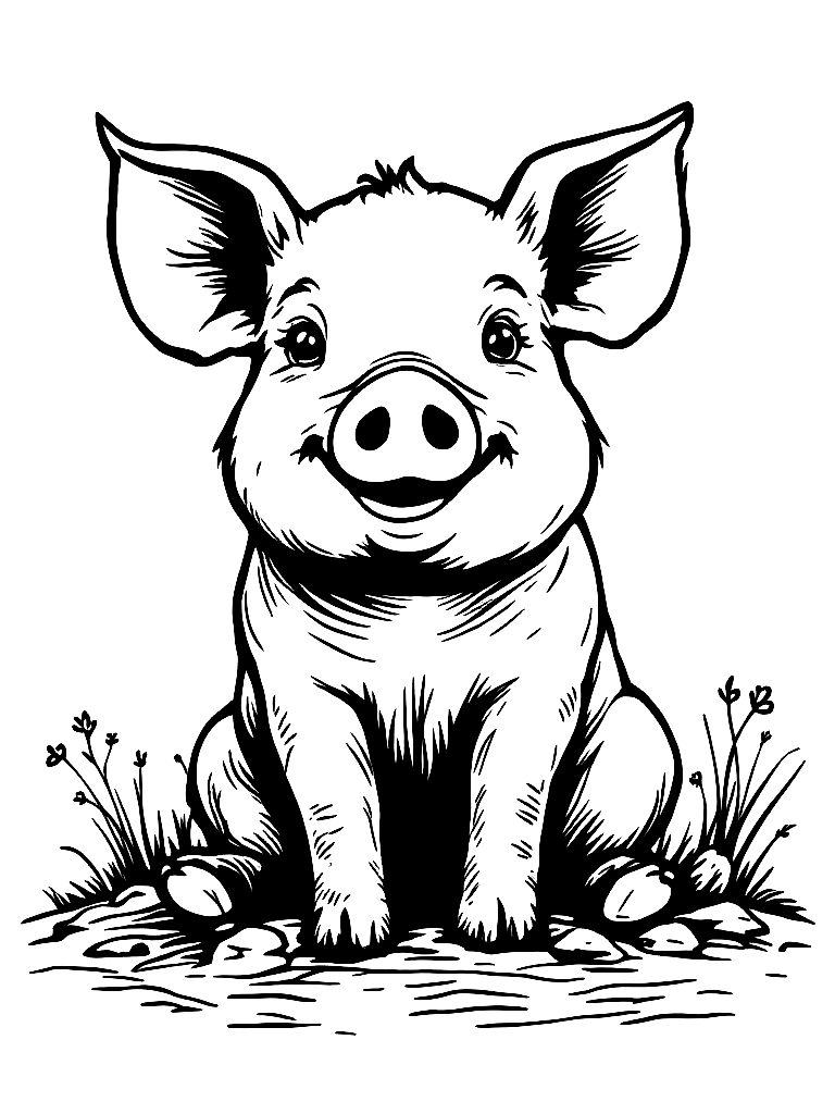A happy pig sitting in mud. coloring page Minimal style free printable