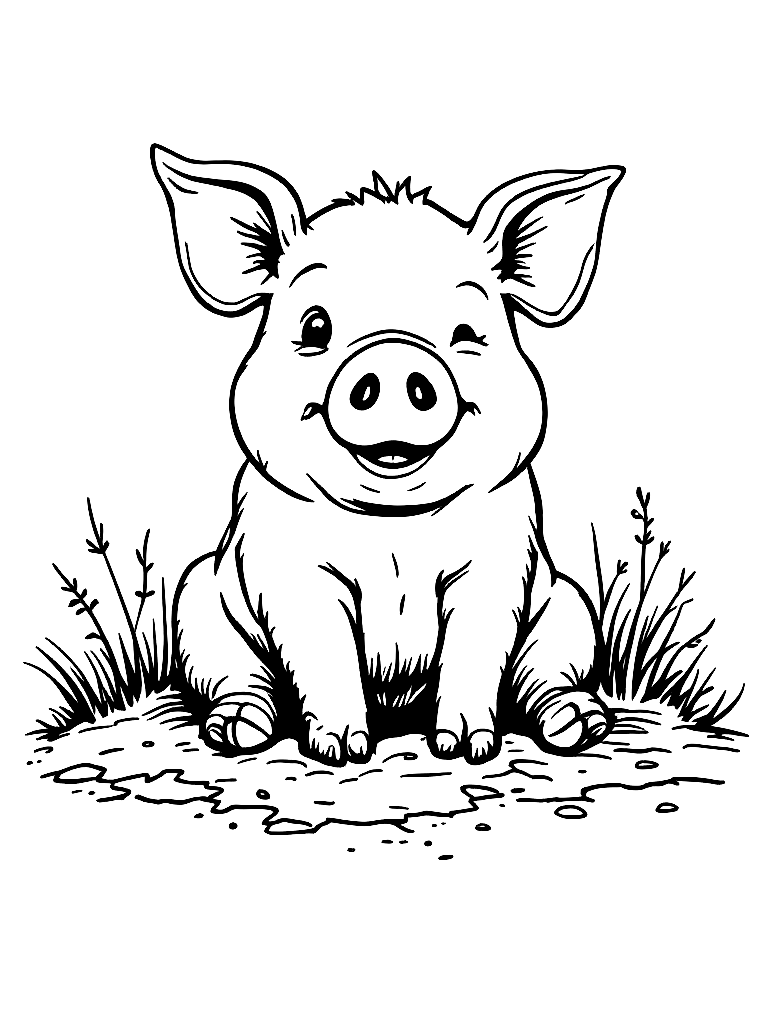 A happy pig sitting in mud. coloring page Minimal style free printable