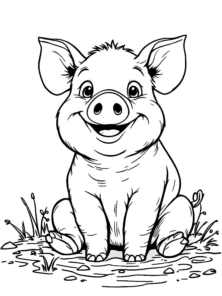 A happy pig sitting in mud, smiling coloring page Contour style free printable
