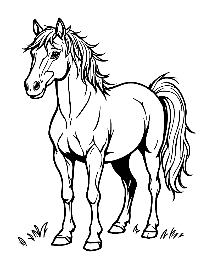 A horse standing in profile view coloring page Contour style free printable