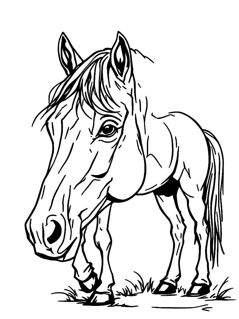 A horse standing in profile view. coloring page Minimal style free printable