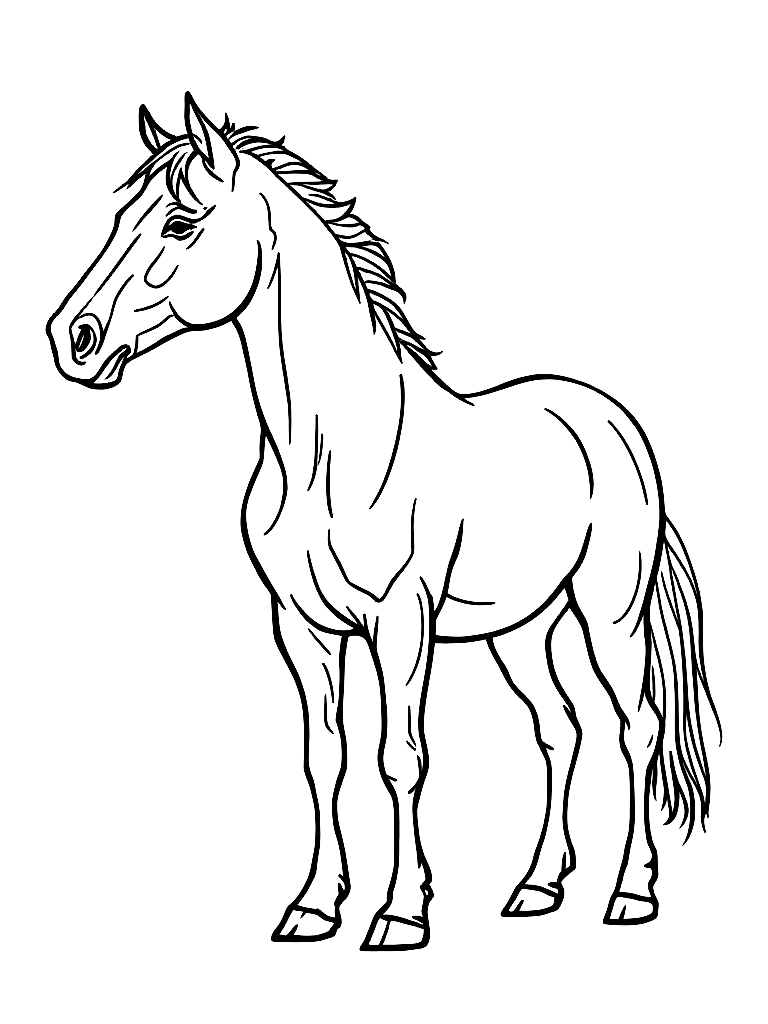 A horse standing in profile view. coloring page Minimal style free printable