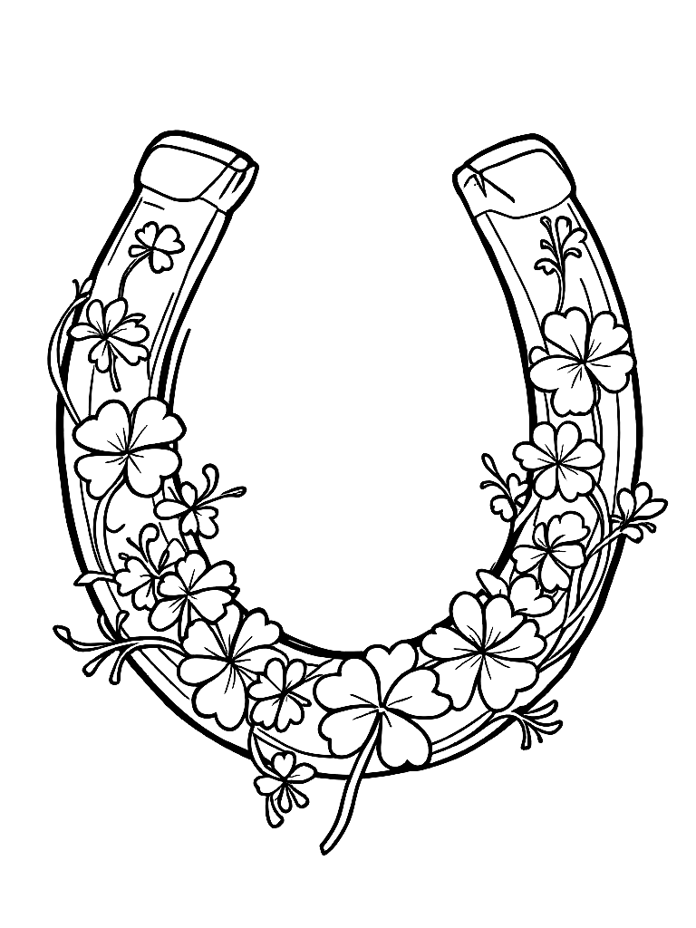 A horseshoe decorated with shamrocks coloring page Contour style free printable