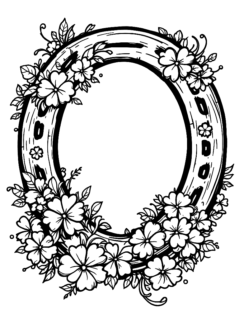 A horseshoe decorated with shamrocks coloring page Contour style free printable
