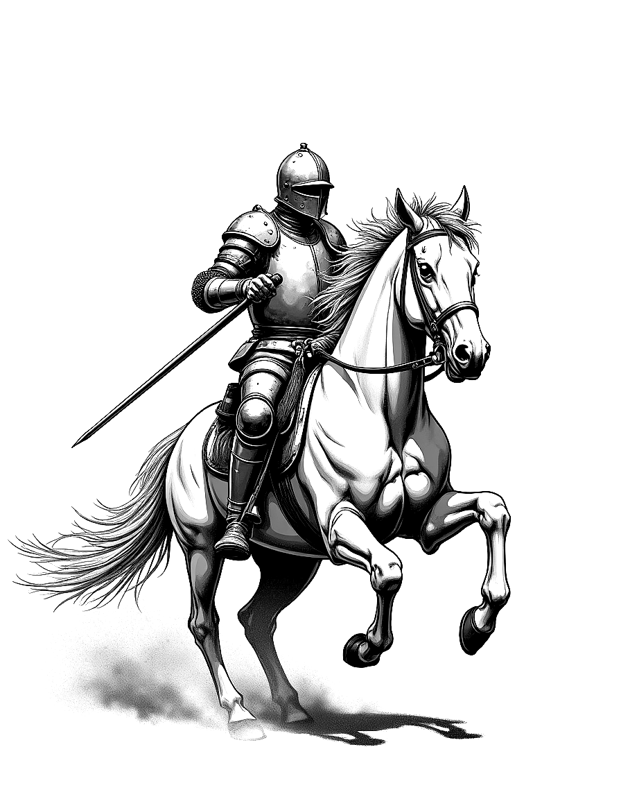 a knight on horseback charging into battle coloring page Wyeth style - free printable