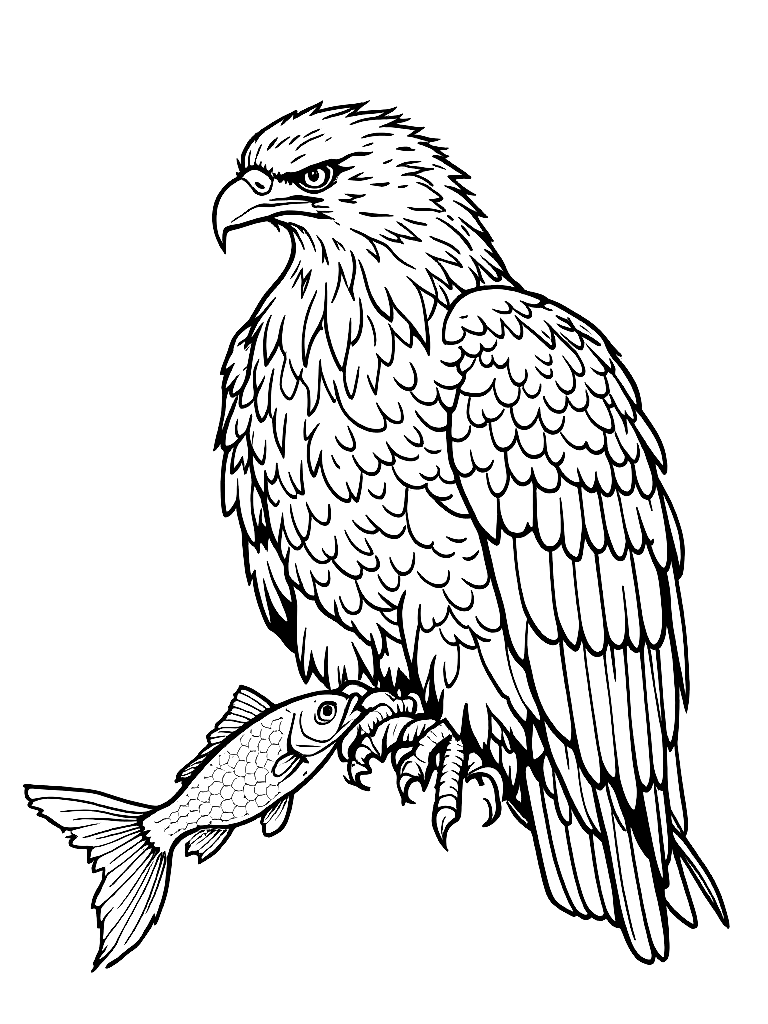 A MAJESTIC EAGLE WITH A FISH IN HIS TALONS. coloring page Minimal style - free printable