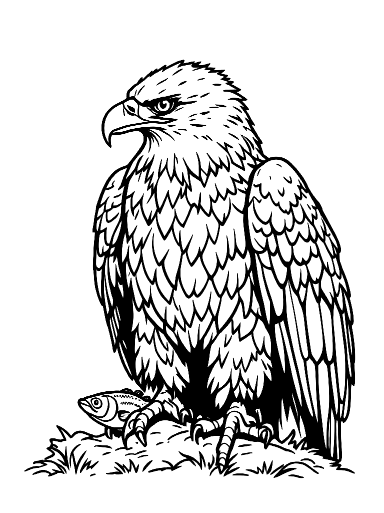 A MAJESTIC EAGLE WITH A FISH IN HIS TALONS. coloring page Minimal style - free printable