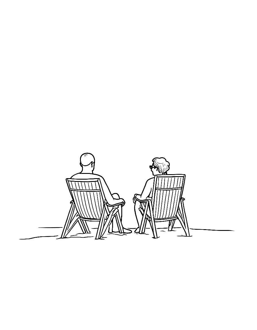 A man and woman sitting in lawn chairs on the beach. coloring page Contour style - free printable
