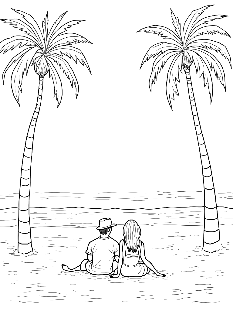 A man and woman sitting on a  beach among palm trees. coloring page Contour style - free printable