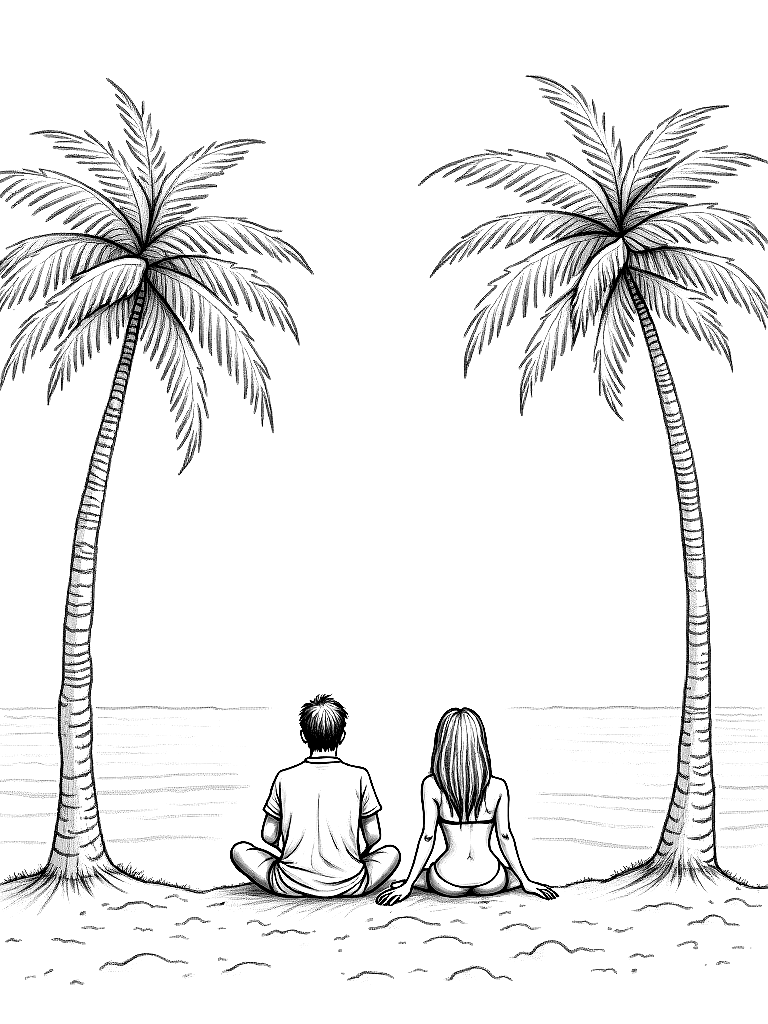 A man and woman sitting on a  beach among palm trees. coloring page Crosshatch style - free printable
