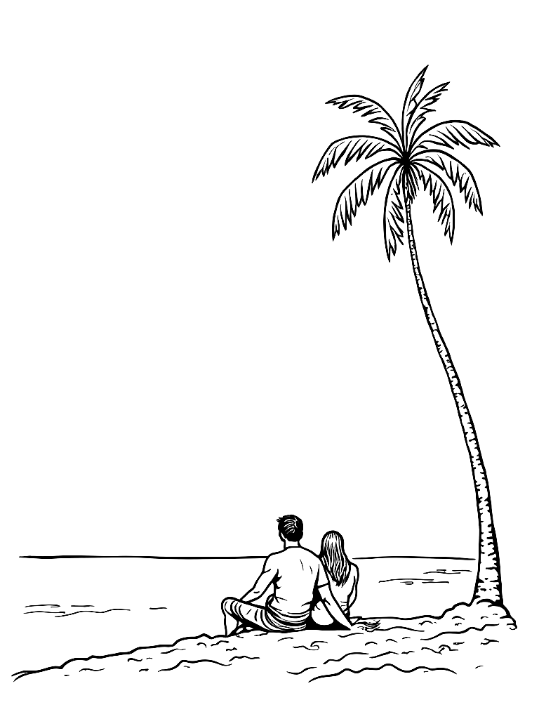 A man and woman sitting on a  beach among palm trees. coloring page Woodcut style - free printable