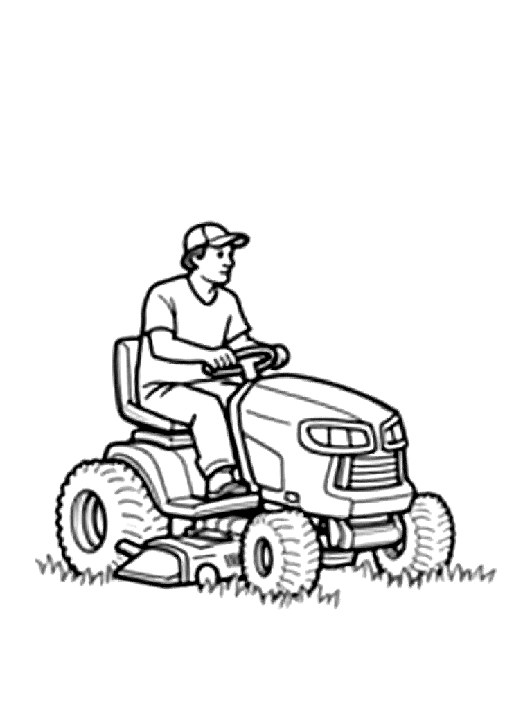 A man riding a rider lawn mower. coloring page Contour style free printable