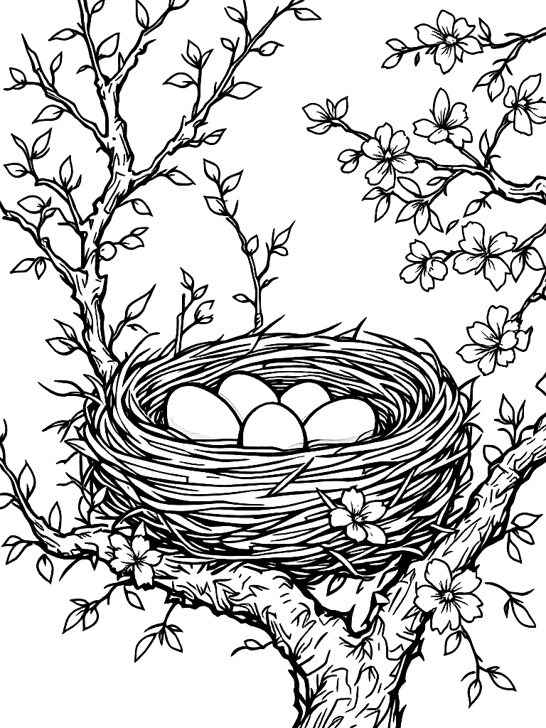 A nest with eggs sitting in a flowering tree branch coloring page Contour style free printable