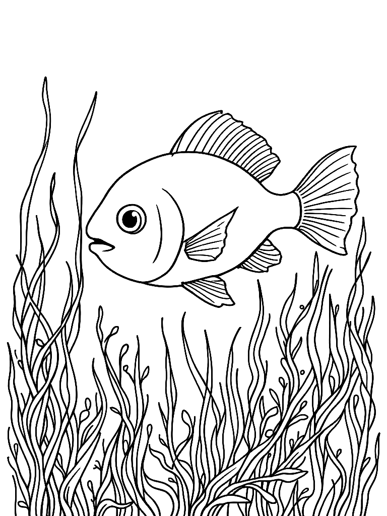 A peaceful fish swimming among seaweed coloring page Minimal style free printable