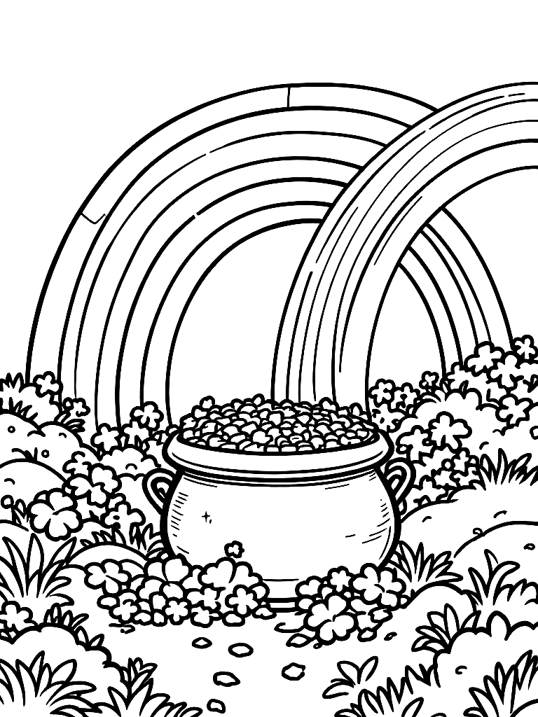 A pot of gold at the end of a rainbow coloring page Contour style free printable