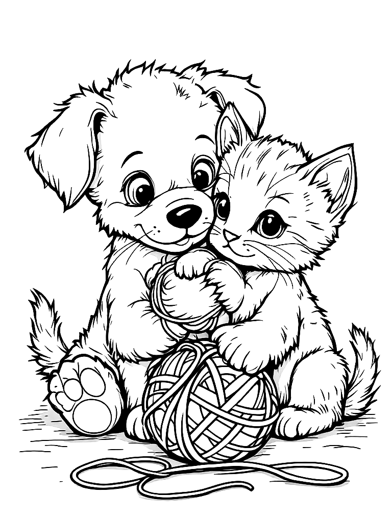 A puppy and kitten playing with a ball of yarn. coloring page Contour style free printable