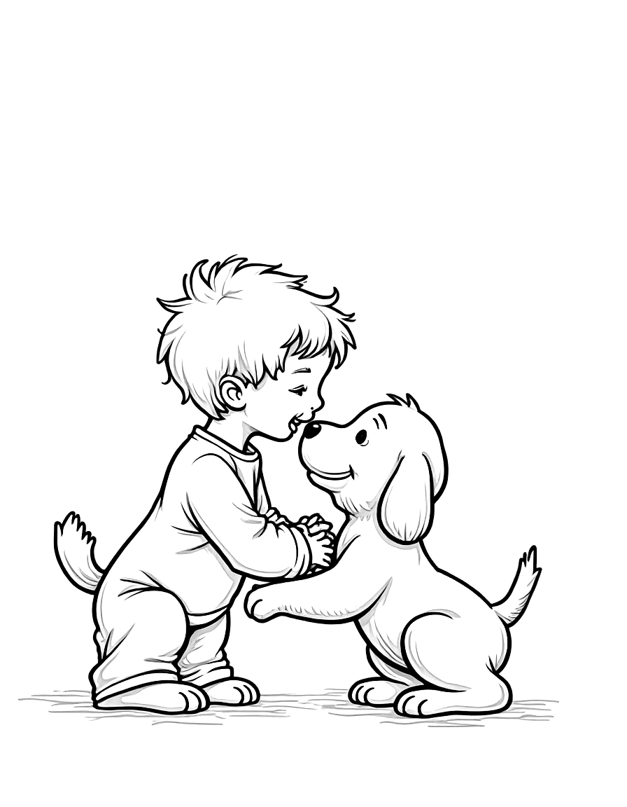 A puppy and toddler playing. coloring page Contour style free printable