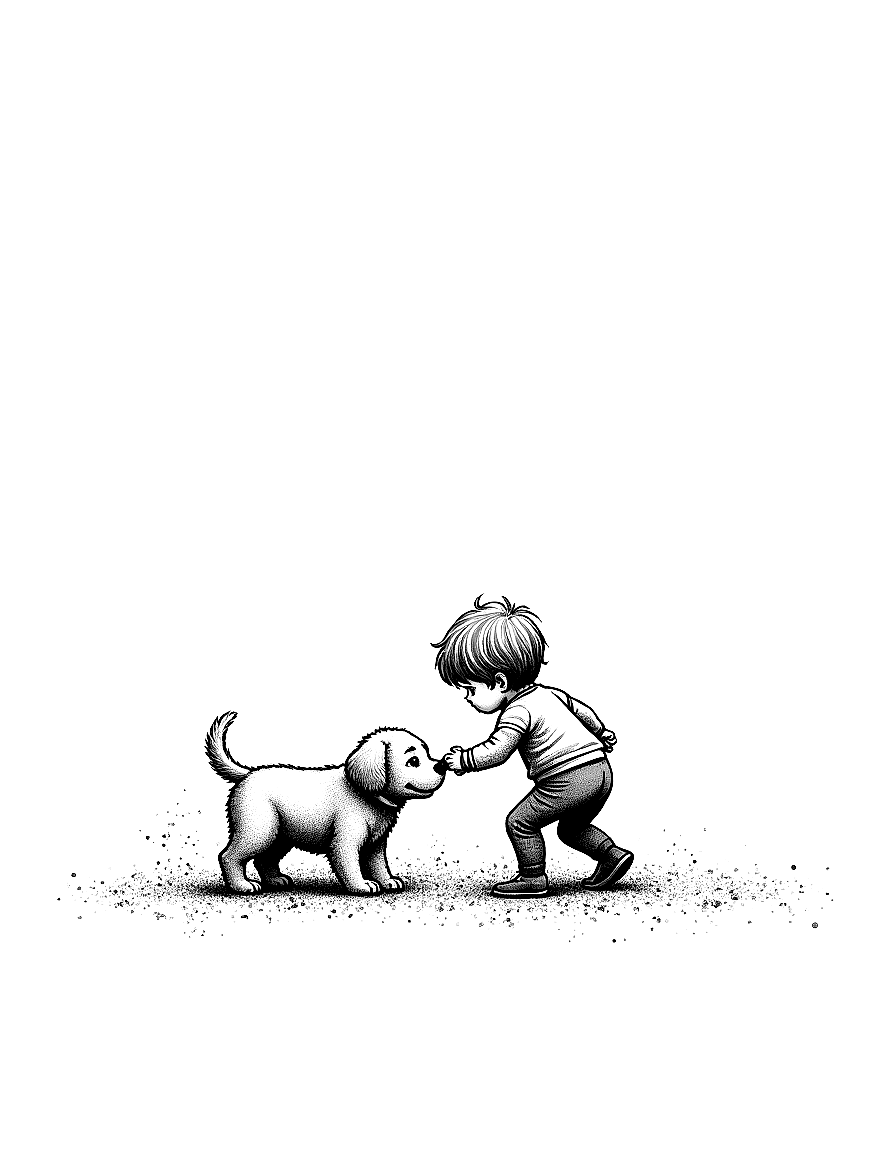 A puppy and toddler playing. coloring page Stipple style free printable