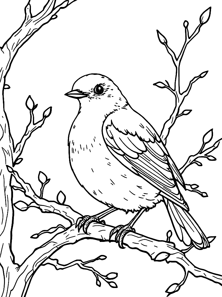 A robin sitting on a tree branch with buds coloring page Contour style free printable