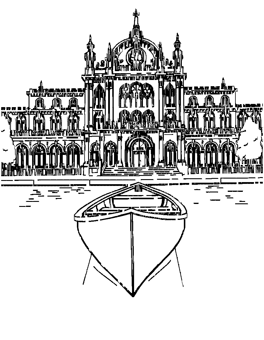 A row boat on a lake., from a dramatic low angle looking up, in front of an ornate architectural backdrop coloring page Contour style - free printable