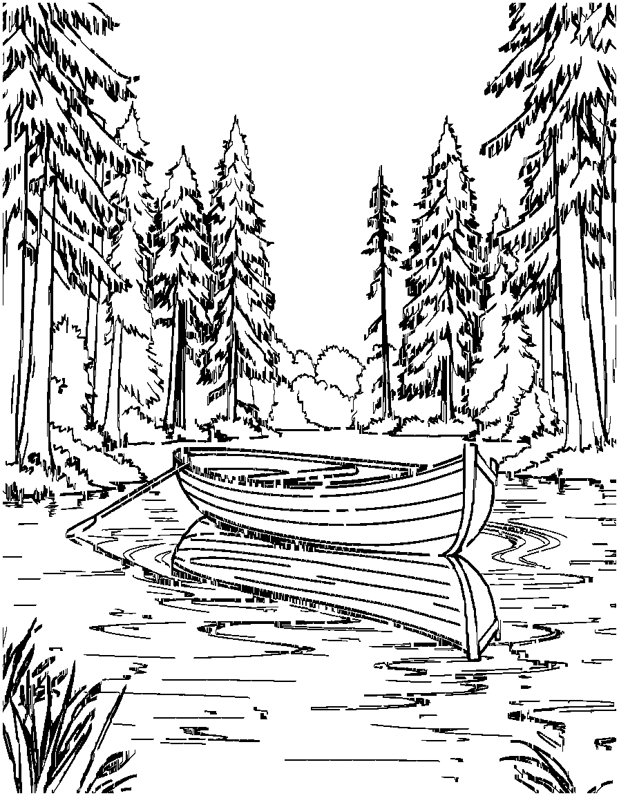 A row boat on a lake., from a three-quarter side angle, in a forest clearing surrounded by tall trees coloring page Contour style - free printable