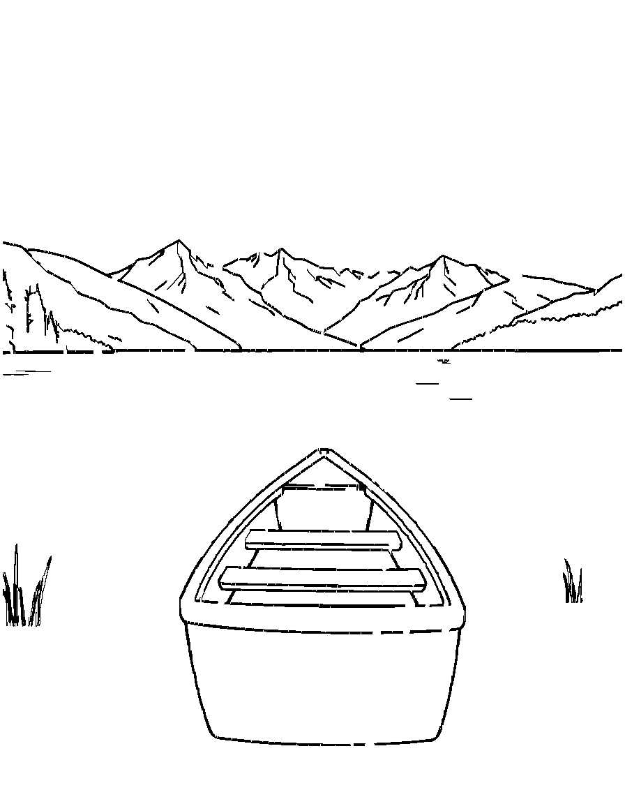 A row boat on a lake., from behind, looking away into the distance, by a calm lake with mountains in the background coloring page Contour style - free printable
