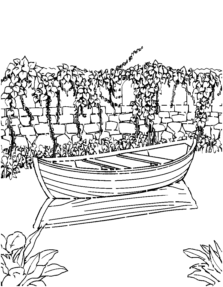 Free a row boat on a lake., from the side in full profile view, in a garden with vines and stone walls coloring page in contour style — printable line art