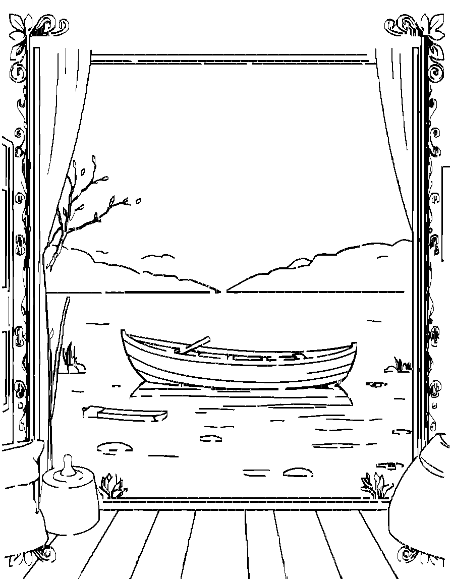 A row boat on a lake., surrounded by a decorative border frame, in a cozy indoor setting with warm details coloring page Contour style - free printable